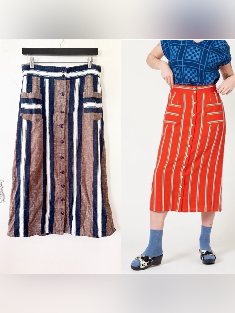 Ace & Jig Bo Button Front Midi Skirt in Captain Brown and Blue Striped L